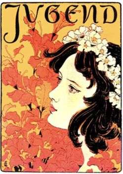 ECKMANN, Otto. Jugend cover, 1896: A drawing of a woman with dark hair and a flower crown. There are bright red flowers in the background as well.  