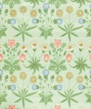 Daisy, William Morris, 1864: Flower-design wallpaper in green, with red, yellow and blue flowers. 