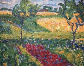 Erich Heckel - Dangaster Landschaft: A simple painting of a landscape, there are two distinct trees and a rolling countryside behind such. 