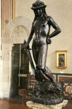 A photo of the Bronze David by Donatello statue. 