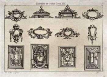 Drawing of decorative architectural elements common to furniture of the Louis XIII style.