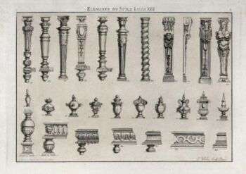 Drawing of decorative architectural elements common to Louis XIII style. 