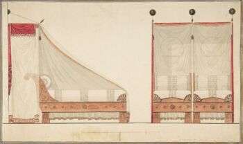 Disegno per un letto e un baldacchino, XVIII secolo - Cerchia di Charles Percier (francese, Parigi 1764-1838 Parigi), penna e inchiostro nero e grigio, pennello e lavaggio grigio, arancione e rosso.