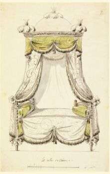 A design drawing for a Bed in the Roman Style: it has a yellow-accented canopy and two yellow pillows on either end. 