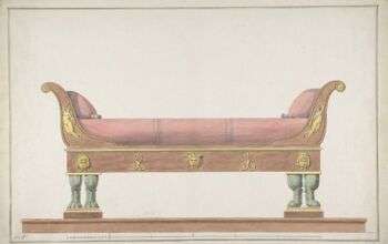 Design for an Empire Daybed with a pink cushion, red metal with gold accents for the body of the bed.