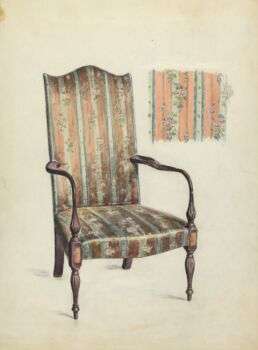 A drawing of a Hepplewhite armchair with a distinctly warm floral design and medium wood legs and arms. 