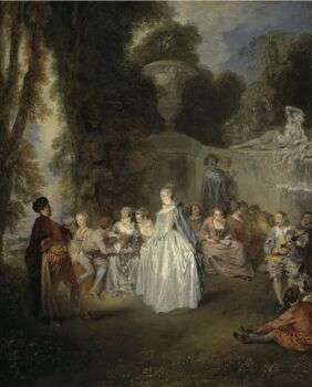 A painting by Jean-Antoine Watteau with a bright woman standing in the center, while various people surround her. 