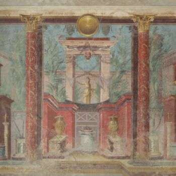 Cubiculum (bedroom) from the Villa of P. Fannius Synistor at Boscoreale: Vivid wall painting of a outside courtyard. There are two red painted columns in the center of the photo with a gold statue in the middle. Various vines and trees fill the background of the photo. Moreover, there are gold accents throughout the painting. 