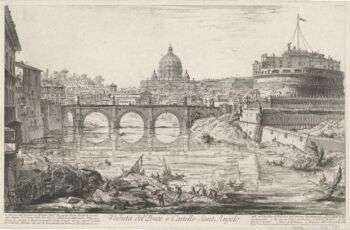 Rome: View from the Bridge and Castel Sant'Angelo (title of the drawing) Views of Rome drawn by Giambattista Piranesi, Venetian architect, 1941.