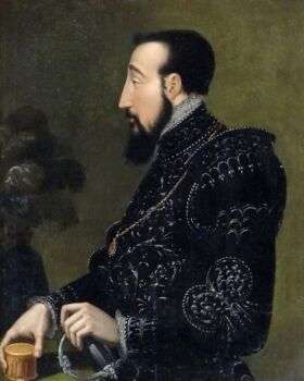 Henri II, king of France, portraited in a black outfit with dark facial hair and pale skin. 