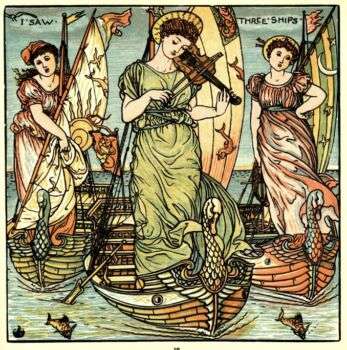 I Saw Three Ships from Baby's Opera by Walter Crane, 1900. A drawing of three women, each standing upon their own boat. One is playing a violin, while the other two are starring at the viewer. 