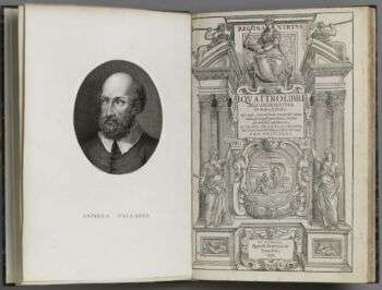 An oval portrait of a man on the left, and a detailed drawing including columns, statues and solders on the right. 