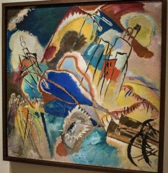 Improvisation No 30 Cannons - Wassily Kandinsky - Cleveland Museum of Art: A large abstract piece of art with a wide variety of cold colors and dark-black-lined figures.