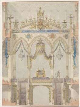 Élévation intérieure de la cathédrale de Reims avec le jubé et le trône pour le couronnement du roi Louis XVIII, Charles Percier (français, Paris 1764-Paris 1838), plume et encre noire, avec lavage de couleur.