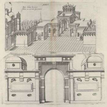 Vue intérieure de la cour et vue frontale du mécanisme de défense du Château d'Anet. Gravure, 1607.