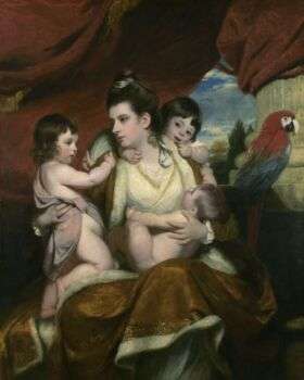 Lady Cockburn and her Three Eldest Sons portrait. A woman stands holding her three children, one of which is still a baby. In the right hand corner there sits a Scarlet parrot on the right of the photo. 