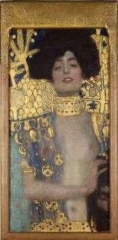 Gustav Klimt (1862–1918), Judith and the Head of Holofernes (Judith I), 1901: A painting of a dark-haired woman with exposed breasts and gold details surrounding her. 
