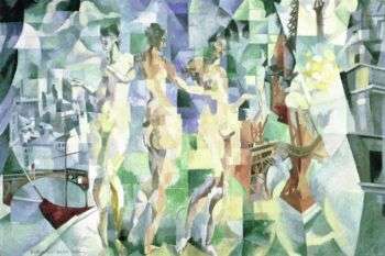 La Ville de Paris (1910-2) - Robert Delaunay: An abstract painting of naked women who appear pixilated. 