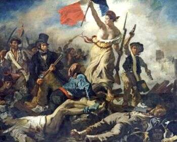 Lady Liberty, a woman with exposed breasts, holding the French flag leads soldiers to victory.