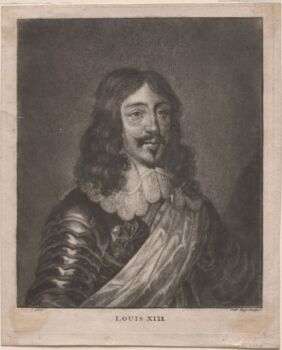 A black and white portrait of Louis XIII. He has a pointy beard, small mustache and shoulder-length curly hair. 