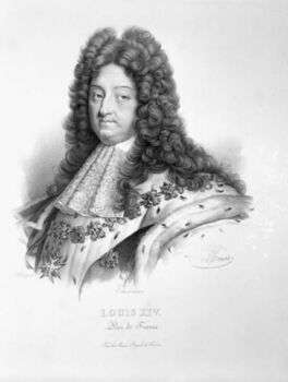 A sketched, black and white portrait of King Louis XIV of France with his fluffy curls.