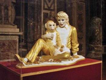American pop superstar Michael Jackson with his pet monkey Bubbles by Jeff Koons. 
