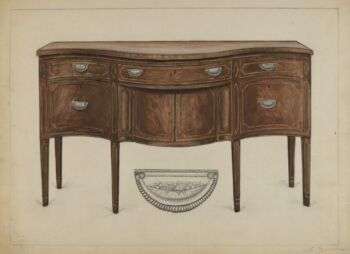 A drawing of a medium wood sideboard with silver hardware. An example of the Hepplewhite style. 