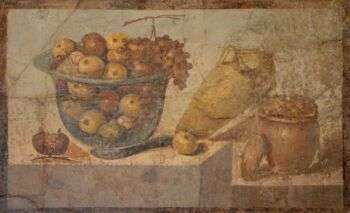 Fresco showing fruit bowl, jar of wine, jar of raisins, from the House of Julia Felix in Pompeii, Naples National Archaeological Museum