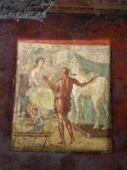 Pompeii House of the Vettii: Wall painting of a man with his back toward the viewer. In the right corner there is a big white horse and in the top left there is a person sitting in a white outfit. There is a third person in the bottom left of the photo working. 