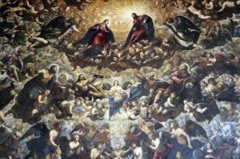 A religious painting by Tintoretto with 3 distinct levels of people. At the top, there is a man with a gold shiny light behind him (likely Jesus), and a woman to his left (likely Mary).