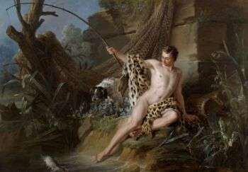 A painting of a naked man in a leopard skin. There is a dog along his right and he appears to be fishing. 