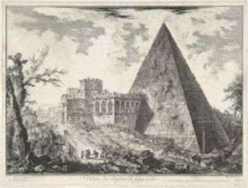 Piramide van Cestius te Rome (1748 - 1778) de Giovanni Battista Piranesi : Un dessin d'une pyramide et d'un château sur la gauche.