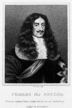 Black and white portrait of Charles II with a straight mustache and long, luscious locks.  