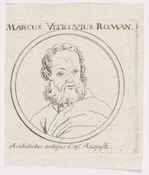 Marcus Vitruvius Roman: Pencil drawing portrait. He is placed in a circle and depicted with a beard and wavy hair. 