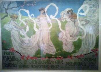 Poster for the 1902 Turin Exposition by Leonardo Bistolfi (1902): Four woman dressed in flowing white gowns dancing around in a field. 