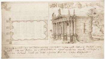 Un dessin d'une structure romano-architecturale à droite de la page.
