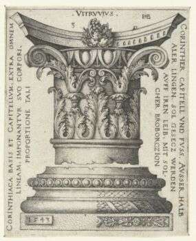 Diseño de un capitel Corintio con adornos de hojas y decoraciones. Hay escritos en ambos lados del diseño.