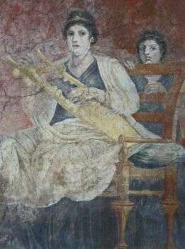 Mulher sentada tocando uma kithara, período republicano romano tardio. Pintura mural a fresco.
