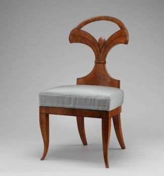 Side chair (one of a pair), Circle of Josef Danhauser. Beech and pine wood, cherrywood veneer, ebonized mahogany framing strips; modern silk upholstery.