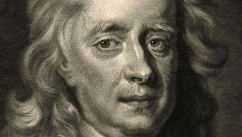 Drawing of Sir Isaac Newton, where he is starring at the viewer via a side eye. 