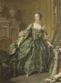 A portrait sketch of Madame de Pompadour in a green, flourished dress with a gold, vague background. 