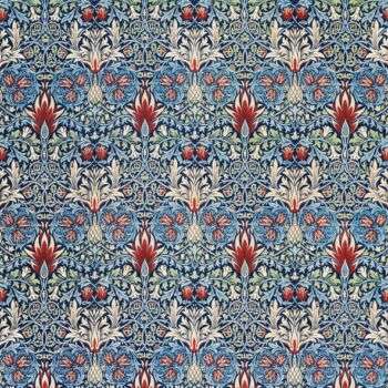 Snakeshead, William Morris, 1876: A detailed flowery design in blue, red, yellow and green, with leaf accents. 
