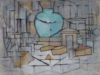 Piet Mondrian (1872–1944), Still Life with Gingerpot II, 1911–1912: Abstract painting with a blue pot in the center.