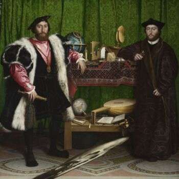 The Ambassadors painting: Two men stand on either side of a shelf with various artifacts, such as a globe, a musical instrument and a book. 