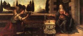 L'Annunciazione, di Leonardo Da Vinci. Sul lato sinistro del dipinto c'è l'Arcangelo Gabriele, mentre sul lato destro c'è la Vergine Maria. 