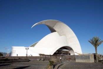 The Auditorio de Tenerife "Adán Martín": A white dome structure with a pointy-shell-like swirled shape. 