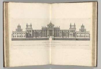 Vitruvius Britannicus or The British Architect- The Plans, Elevations, and Sections of the Regular Buildings, both Publick and Private, in Great Britain, by Colen Campbell: A spread from Vitruvius Britannicus that has a sketch of few buildings. 