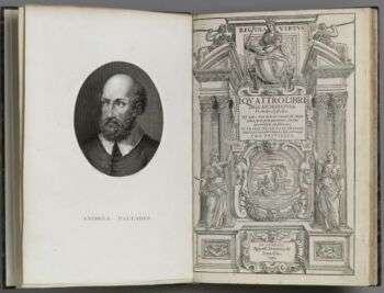 Les quatre livres d'architecture d'Andrea Palladio : L'une des doubles pages de cet ouvrage, avec un dessin complexe à droite et un portrait ovale de l'auteur à gauche.