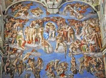 A photo of the Last Judgement mural on the wall of the Vatican City Sistine Chapel. Blues, reds and greens are vivid and various people, are shown in a heaven-like setting. 