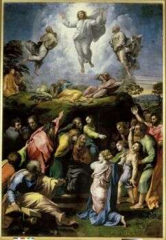 The Transfiguration of Christ, by Raphael. Christ floats above two groups of people, one, made of three people laying on a little hill ,and another group with a lot people that look astonished at Jesus, covering the foreground of the painting.